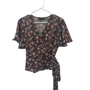 VICI Retro Belle Multicolor Floral Flutter Sleeve Ruffle Wrap Blouse Top Medium